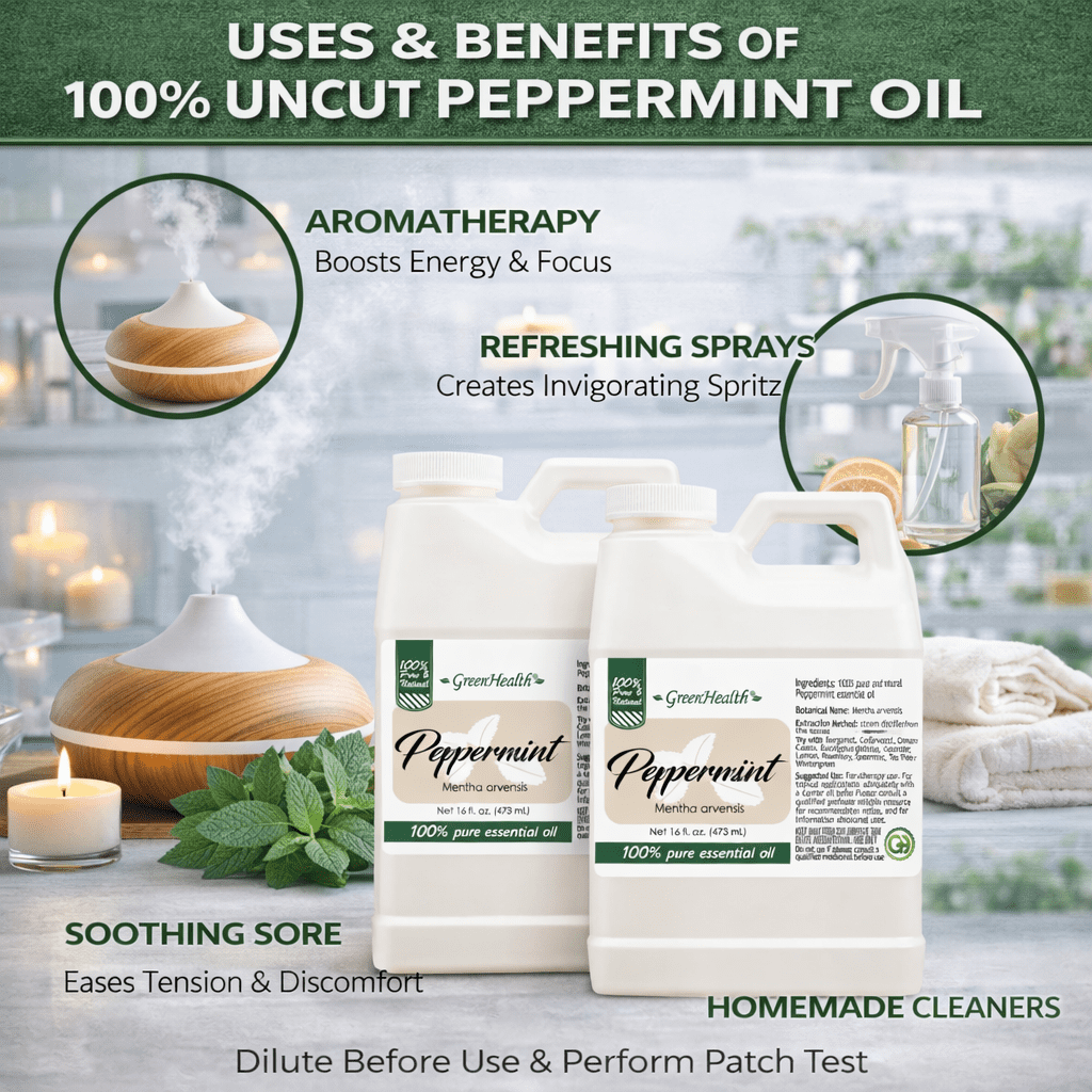 GreenHealth Peppermint Essential Oil, 2 bottles,  16 fl oz, 100% Pure and Uncut