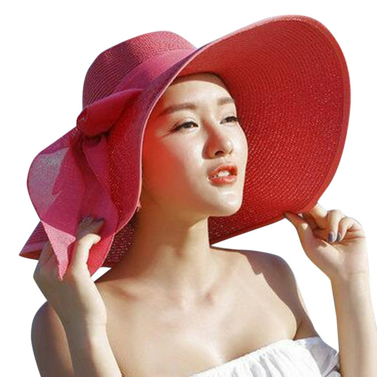 Sun Hat Women Big Brim Straw Hat Sun Floppy Wide Brim Hats New Bowknot  Folding Beach Cap Hats For Women Paper Watermelon Red