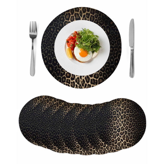 Leopard Print Round 15 Inch Placemats Set of 8, Chic Abstract Black Brown Animals Texture HeatResistant Non Slip Place Mats for Dining Table, Wipeable Braided Kitchen Table Mats for Housewarming