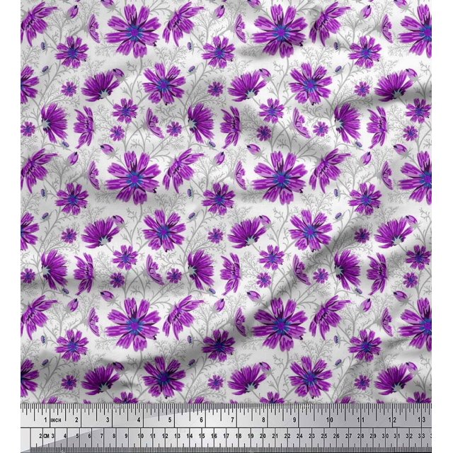 Soimoi Poly Georgette Fabric Leaves & Cosmos Floral Print Sewing Fabric Yard 42 Inch Wide