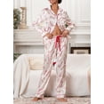 thumbnail image 5 of Cathery Women’s 2 Piece Christmas Satin Pajama Set Long Sleeve Candy Cane Button Shirt Pants Set Sleepwear Loungewear, 5 of 8