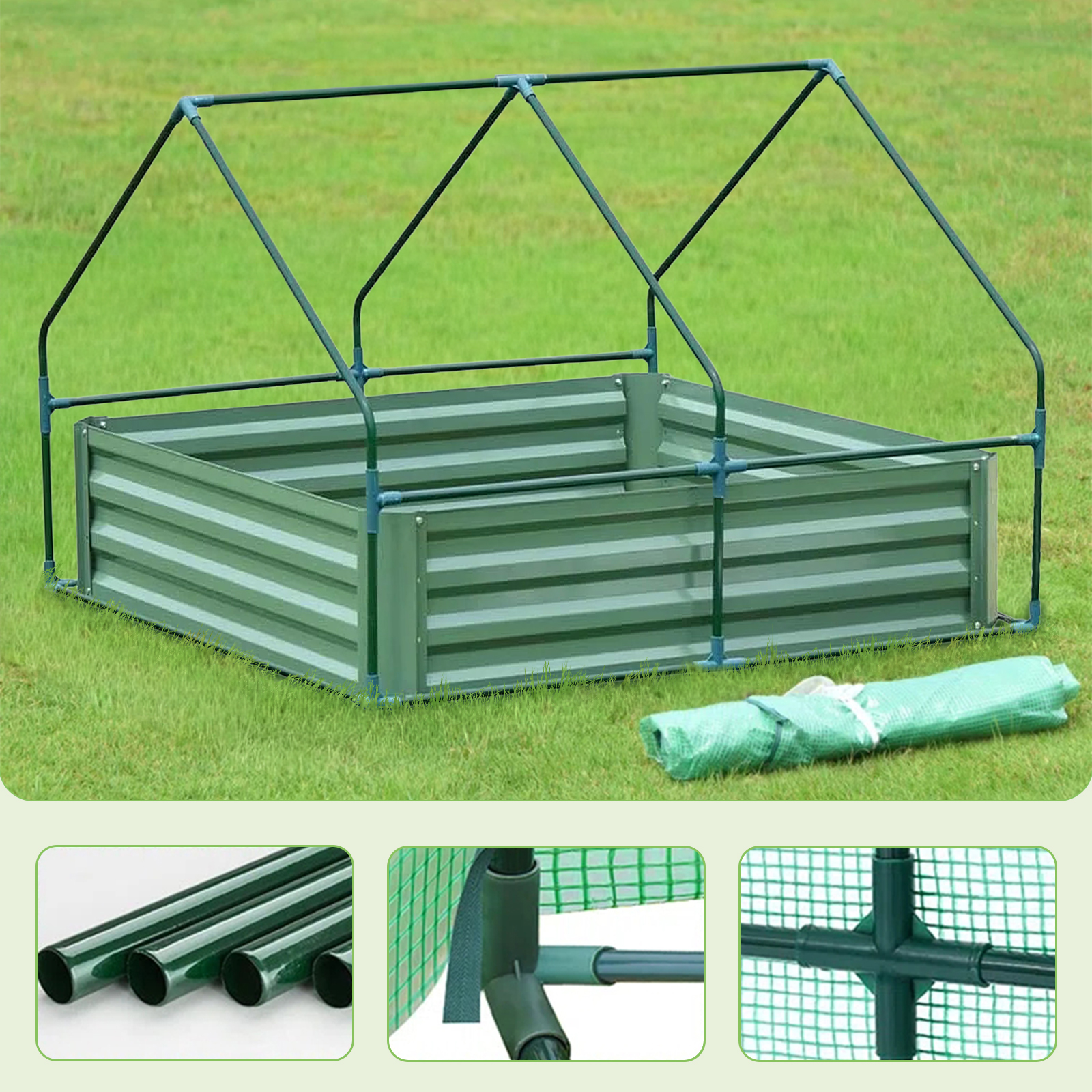 BPS Raised Garden Bed Set, 4x4x1  FT Metal Bottomless Flower Bed with PE Cover for Outdoor Planting, Green