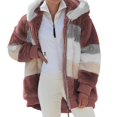 thumbnail image 2 of Women's Fashion Splicing Winter Loose Plush Long Sleeve Zipper Pocket Hooded Coat for Cold Weather and Casual Outings,Red,XL, 2 of 8