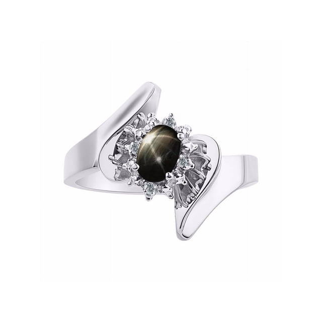 Rylos Bague de Designer Florale avec Pierre Précieuse Ovale 6x4 mm et Diamants Étincelants en Argent Sterling - Pierre de Naissance Saphir Étoilé Noir Bijou Taille 10