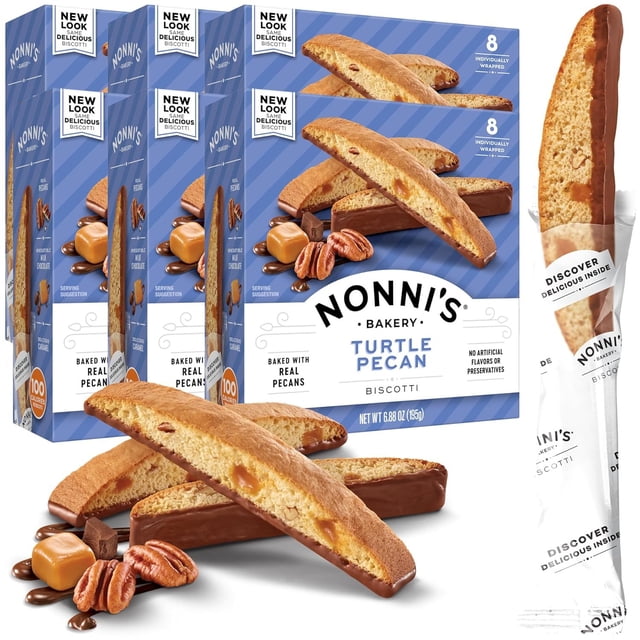 YBQF Turtle Pecan Biscotti Italian Cookies - Caramel Pecan Cookies Dipped in Milk Chocolate - Pecan Biscotti Individually Wrapped Cookies - All Natural Ingredients - Kosher - 6.88 oz (6 Boxe
