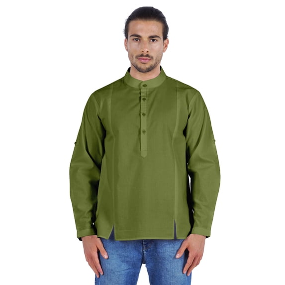 Atasi Indian Mens Henley Shirt Long Sleeve Casual Mandarin Collar Short Kurta
