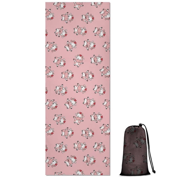 Pink Cow Heart Pattern Hot Yoga Mat Towel Non Slip for Hot Yoga - Quick-Drying Yoga Mat Cover with 4 Corner Pockets with Travel Bag - Hot Yoga Towel Non Slip Grip Moisture Wicking Sweat 70"x26"