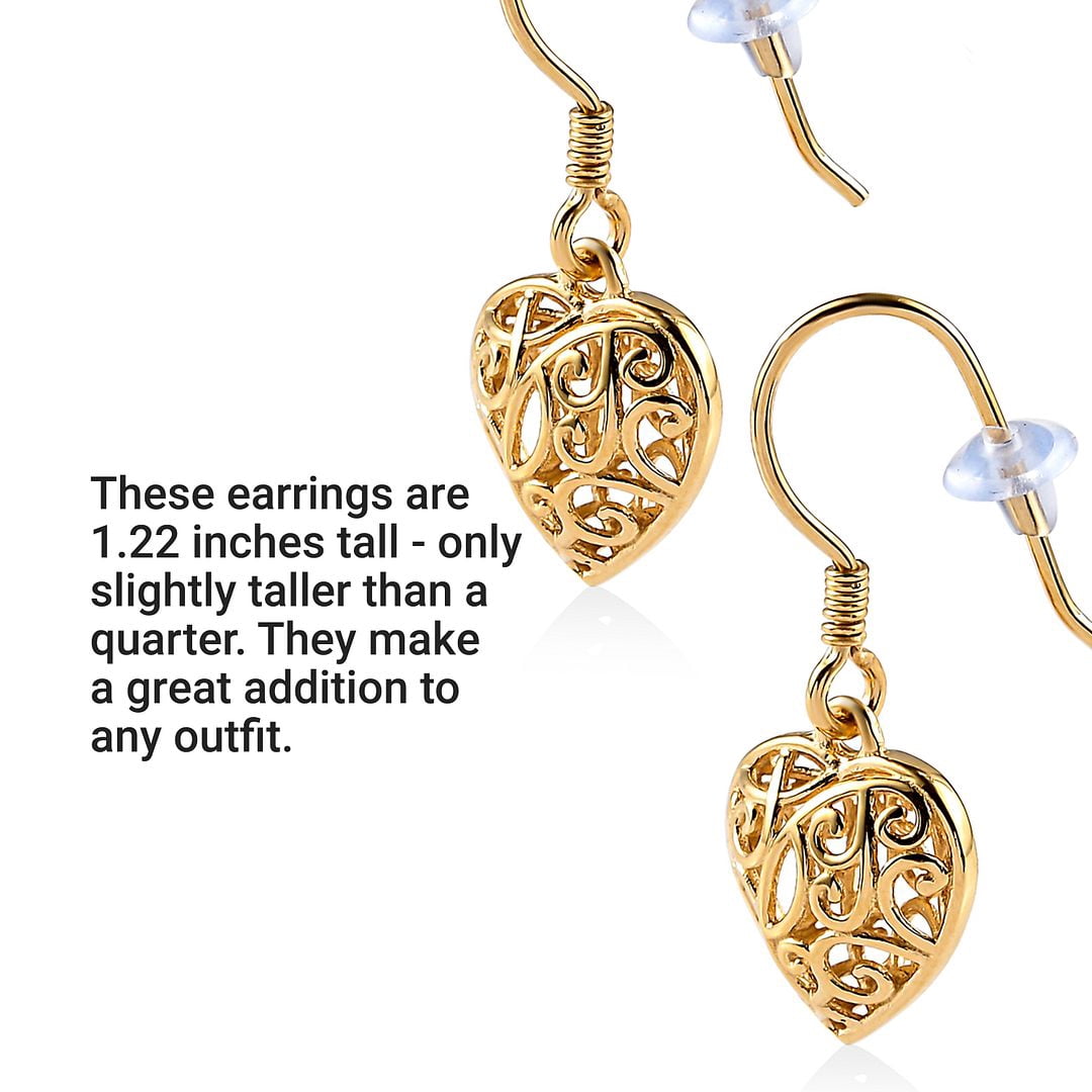 Filigree Heart Dangle Earrings - 14K Yellow Gold Plated 925 Sterling Silver Open Heart Drop Earrings - Openwork Dangling Earring Jewelry Birthday Christmas Gifts for Women