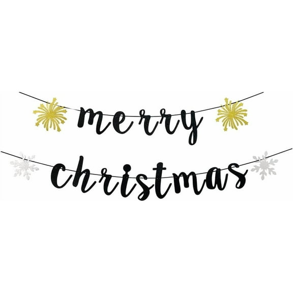 Merry Christmas Black Banner, Christmas Party Sign, Winter Holiday/New Year Party Bunting Decoration Garlands Supplies