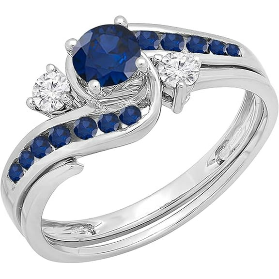 beryl_creation Women's 2.10 Ct Round Cut Blue Sapphire Engagement Wedding Thanksgiving Christmas Bridal Ring Set 14K White Gold Plated 925 Sterling Silver -4