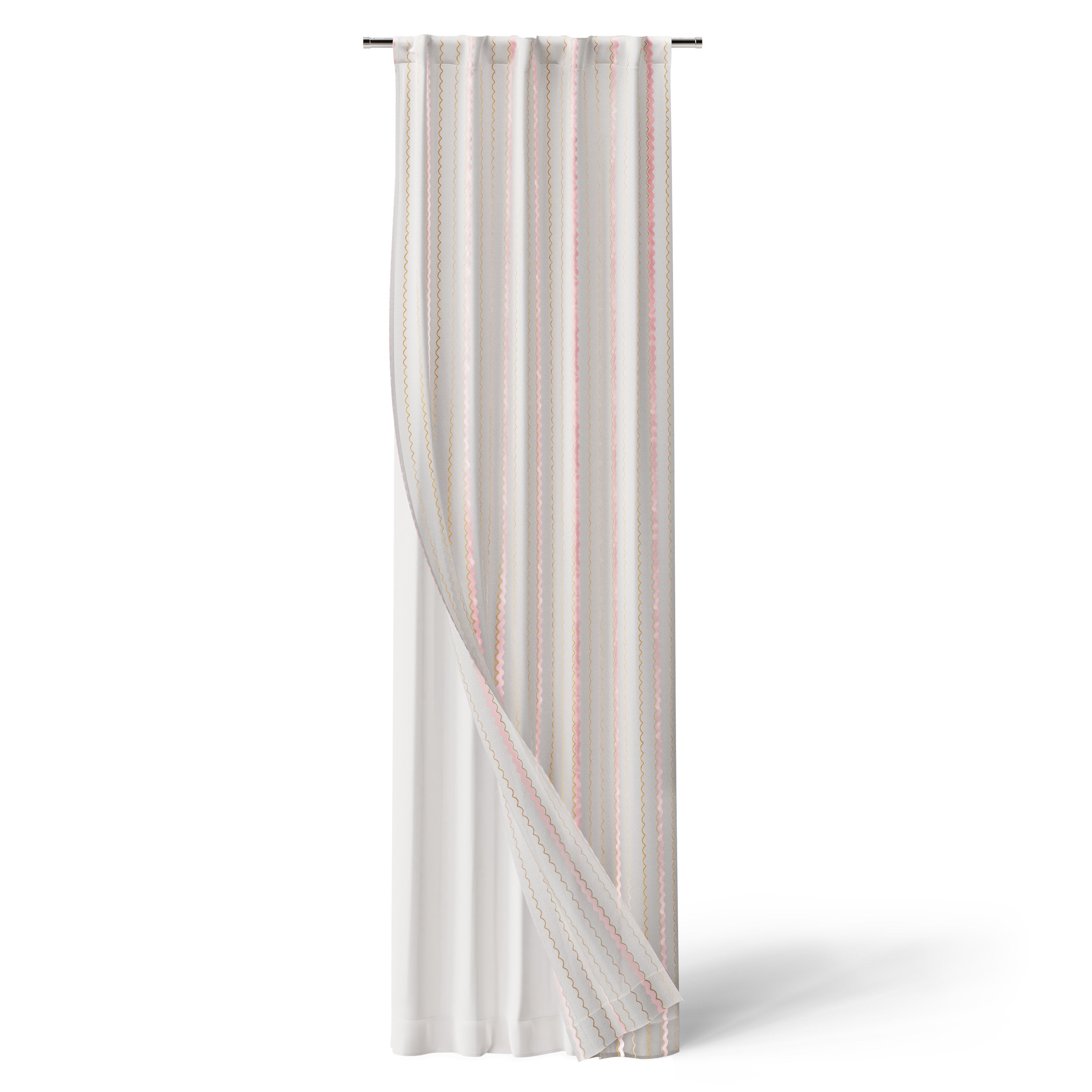 Mainstays Kids White and Pink Scallop Stripe Sheer Overlay Blackout Rod Pocket with Back Tabs Single Curtain Panel, 38" W x 95" L