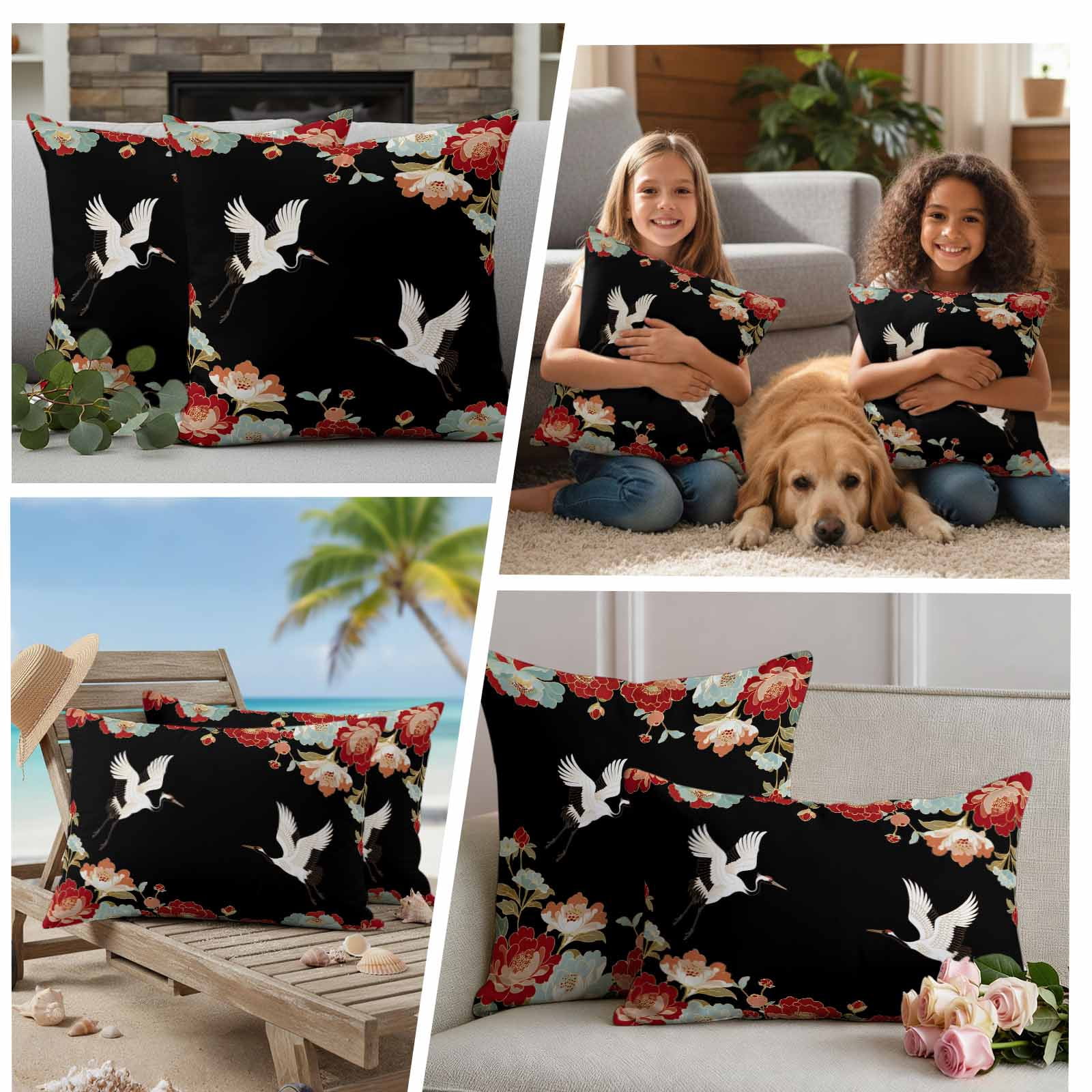 Pack of 2 Black Crane Outdoor Pillow Covers Decorative, Waterproof Pillow Protector, Vintage Red Teal Spring Floral Botanical Throw Pillowcases Accent Cushion Cases for Patio Couch Sofa 18"x18"