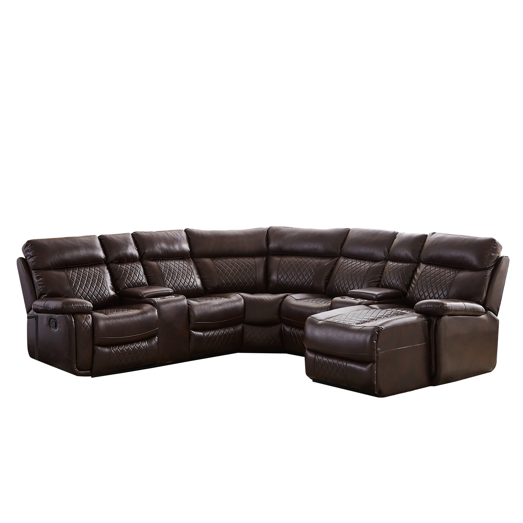 Gewnee 100” Sectional Manual Recliner Living Room Set, 5-Seat with 1 Recliner, 2 Armless Chairs, 1 Wedge, 1 Chaise, Console Storage, Brown PU Upholstery