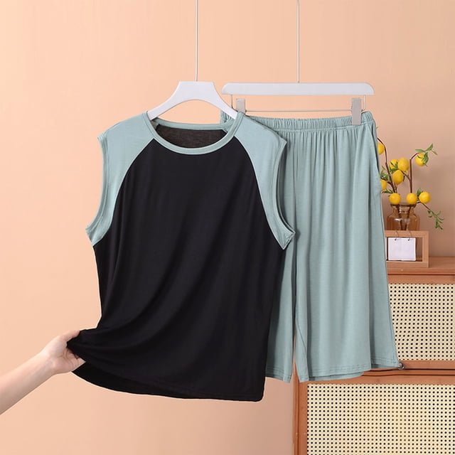 RKSTN Ensemble de Pyjama pour Homme Été Détente à Blocs de Couleur Col Rond Sans Manches et Short Ensembles de Pjs Confortable 2 Pcs Tenue d'Intérieur Confortable