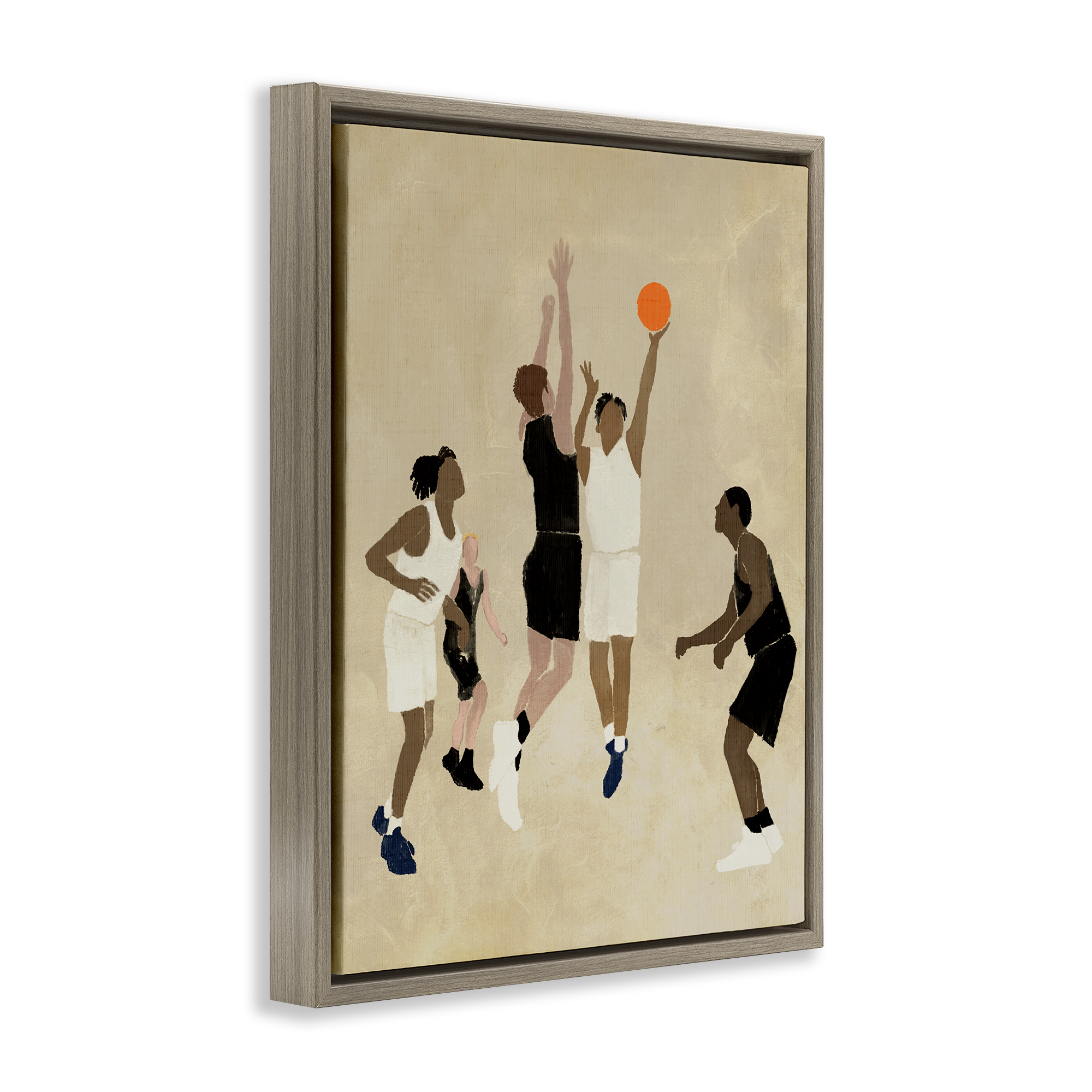 Stupell Industries Players with Basketball Sports Painting Brown Floater Framed Canvas Art Print Wall Art, 25 x 31
