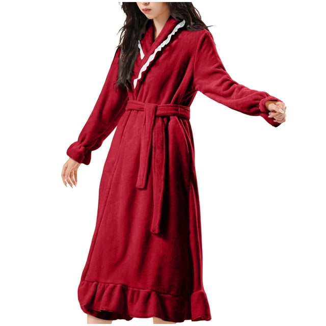 WRKEKC Womens Long Robes for Women Long Sleeve Solid Color Extended Warm Pockets Coral Fleece Ruffled Sleepwear Bathrobe