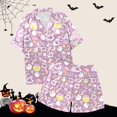 thumbnail image 5 of felwors Halloween Pajamas Women Sets 2Pc Silk Satin Ghost Graphic Cute Sleepwear Button Up Short Sleeve Shirts Lounge Shorts Pjs Light Purple, L, 5 of 5