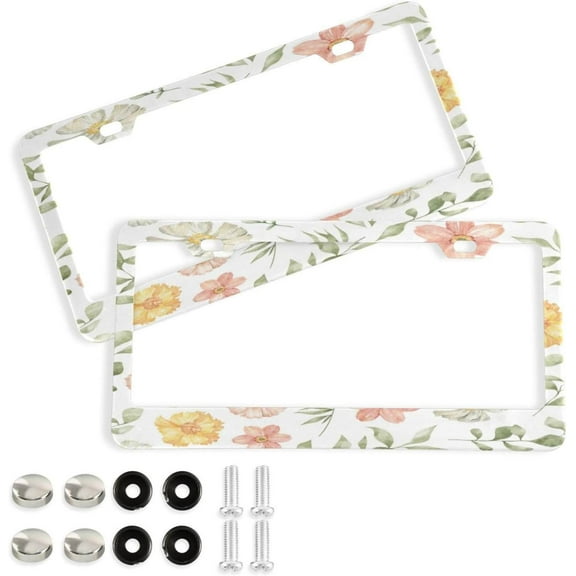 Coolnut Spring Flowers License Plate Frame 2 Pack 2 Holes Car Aluminum License Plate Holder Automotive Parts Decoration Universal with Screw Caps Cover