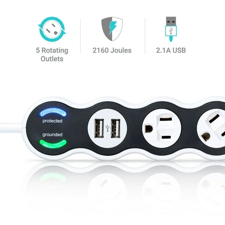 360 Electrical - PowerCurve 5-Outlet/2-USB Surge Protector Strip - White
