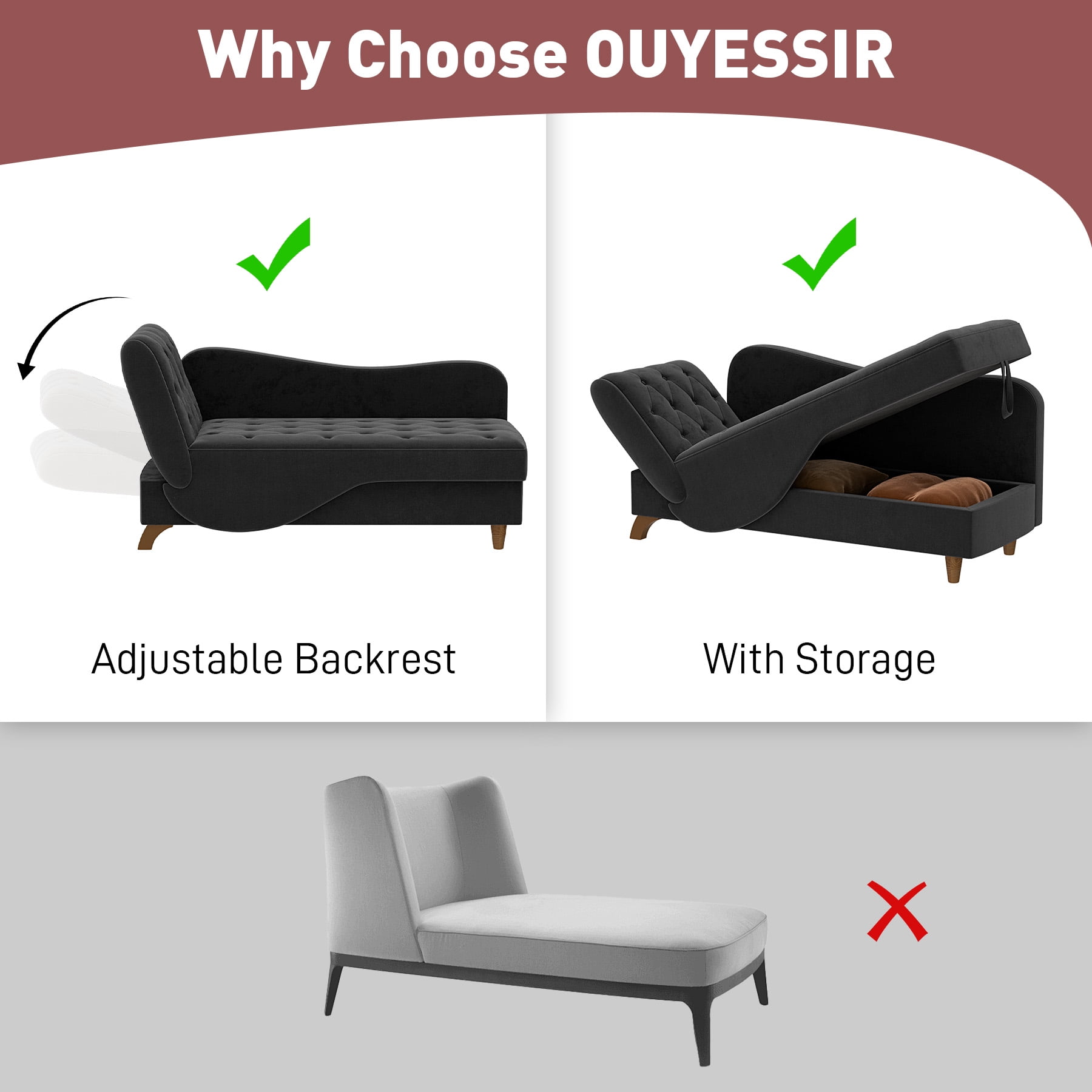 Wiilayok Chaise Lounge Chair Indoor Furniture with Storage Pillow,Adjustable Recling Sleeper Sofa Lounge Chair,Velvet Futon Sofa Couch Bed for Living Room Bedroom,Black
