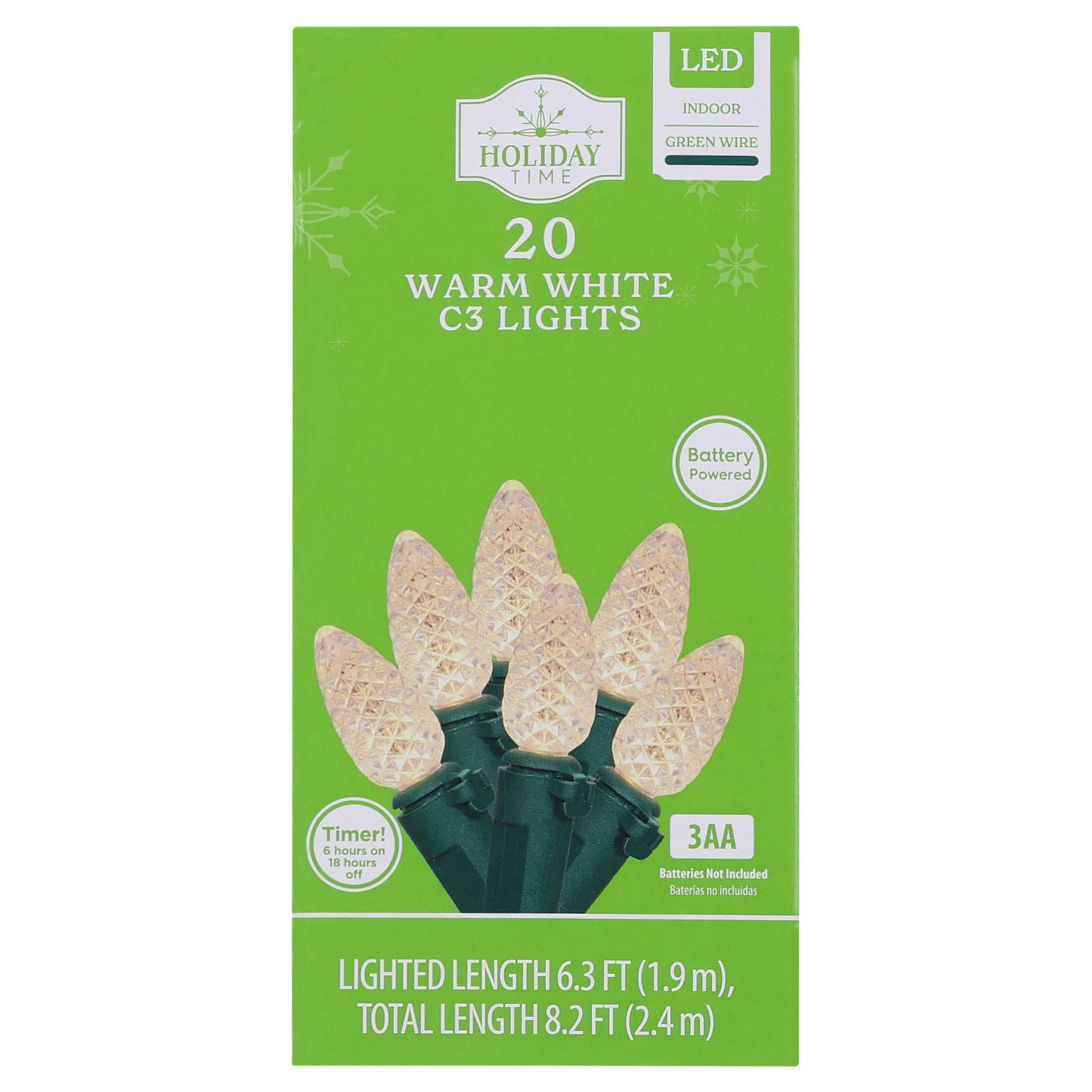 Indoor 20-Count Battery-Operated LED Diamond-Cut C3 Christmas String Lights, Warm White, Green Wire, 6.33', by Holiday Time