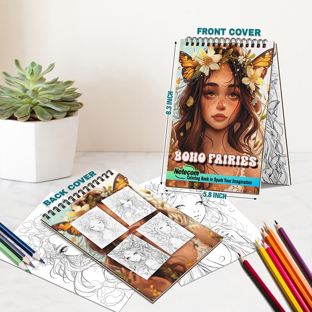 Netecom Boho Fairies Coloring Book for Adults, A5 Wooden Cover, 30 Stunning Portraits Coloring Pages of Bohemian Mythical Fairies for Stress Relief and Relaxation, Spiral Bound Edition