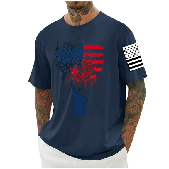 Oplxuo Men's 4th of July Shirts American Flag Patriotic Shirts Short Sleeve USA Memorial Day Cotton T Shirts