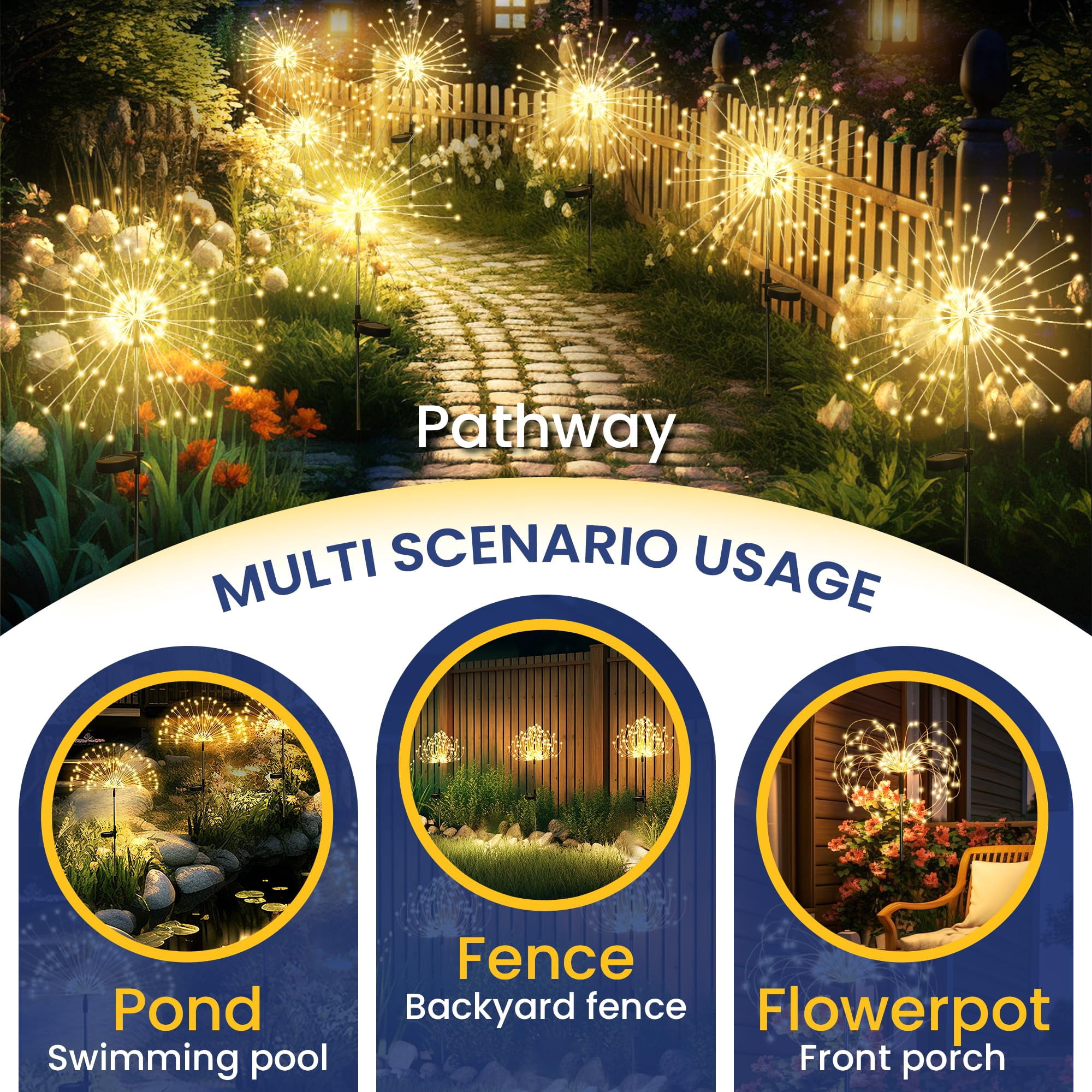 Garden Decor Outdoor Lights 120LED 8Pack, Solar Garden Lights for Christmas Outside Fairy Firework Decorative,Solar Powered for Yard Pathway Flowerbed Planter Balcony Patio Decor (Warm White)