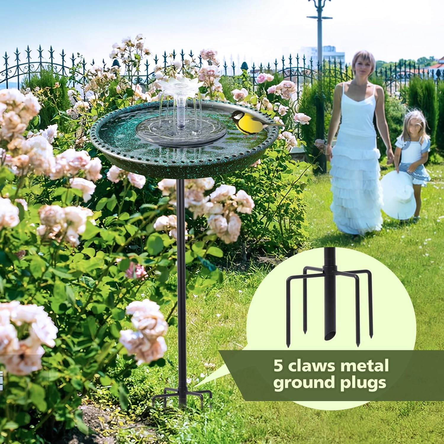 Bird Bath with Solar Powered Fountains for Hummingbirds,Stable Stylish Design with 5-Prong Base Stake Plastic Bird Bath for Outside Patio Yard Garden(Gift)