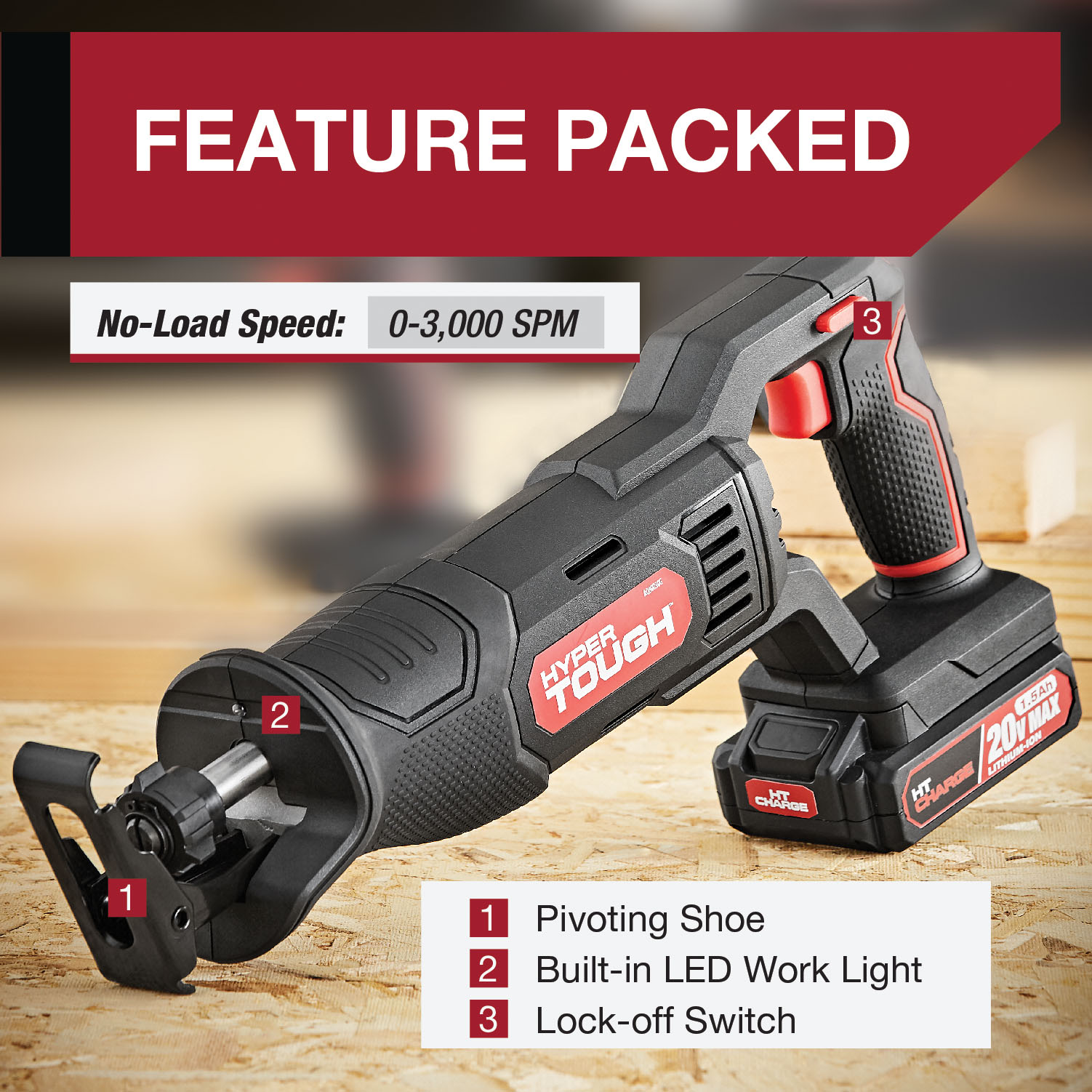 Hyper Tough 20V Max Lithium-ion Cordless Reciprocating Saw, Variable Speed, Keyless Blade Change, with 1.5Ah Lithium-Ion Battery and Charger, Wood Blade and LED Light - image 5 of 28