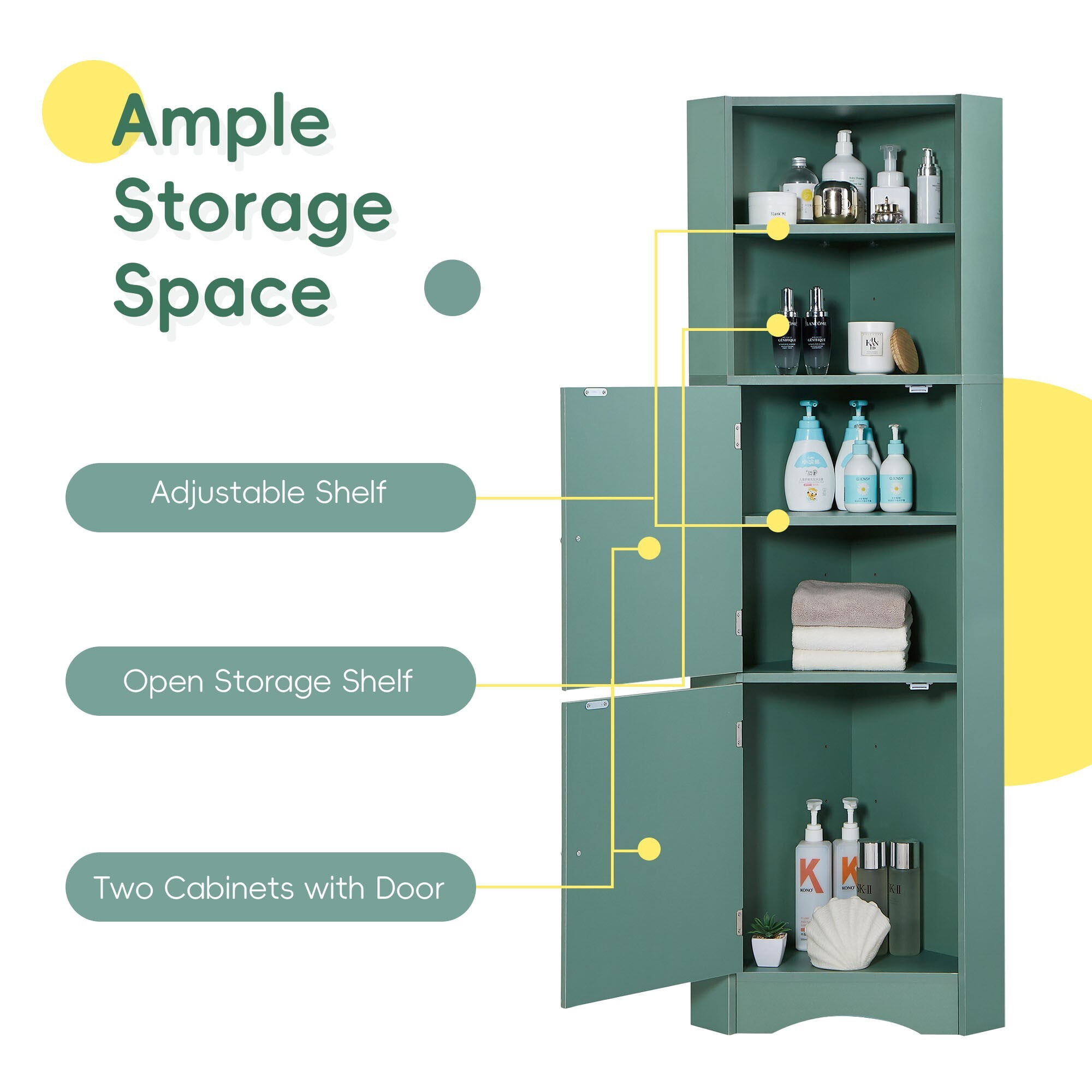 AENKYO Tall Corner Cabinet with Doors & Adjustable Shelves, Elegant Bathroom Storage Cabinet, Green
