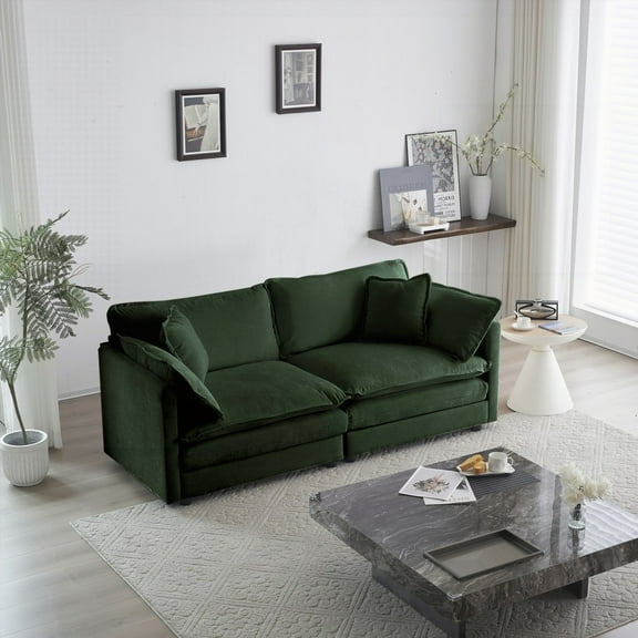 Modern Fabric 2-Seat Loveseat Sofa with 4 Pillows, 220×80×75cm, Green Chenille