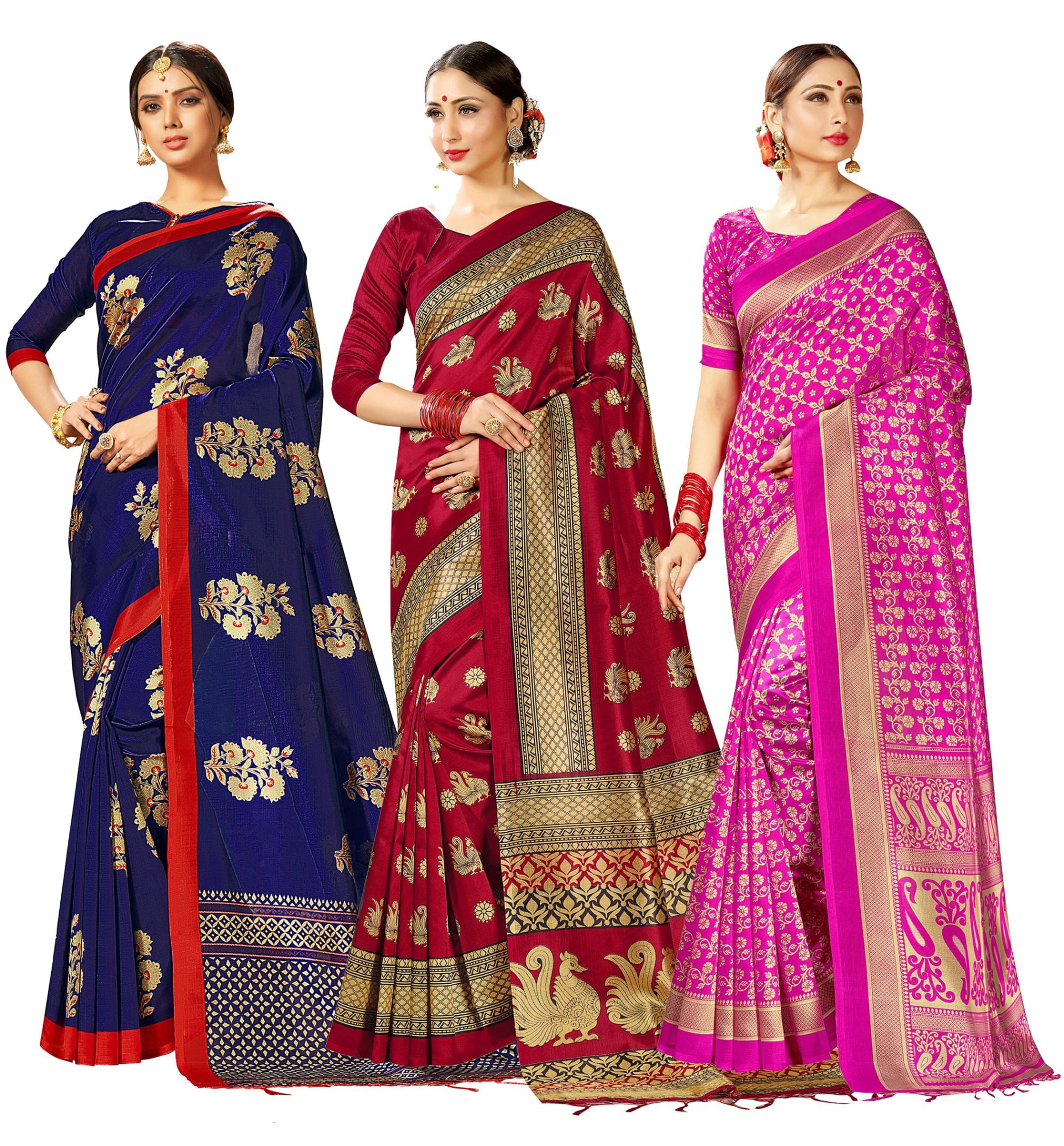 Pack of Three Sarees for Women Mysore Art Silk Printed Indian Wedding Saree | Wedding Gift Sari Combo