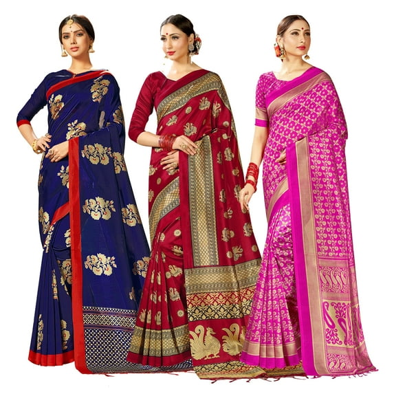 Pack of Three Sarees for Women Mysore Art Silk Printed Indian Wedding Saree | Wedding Gift Sari Combo