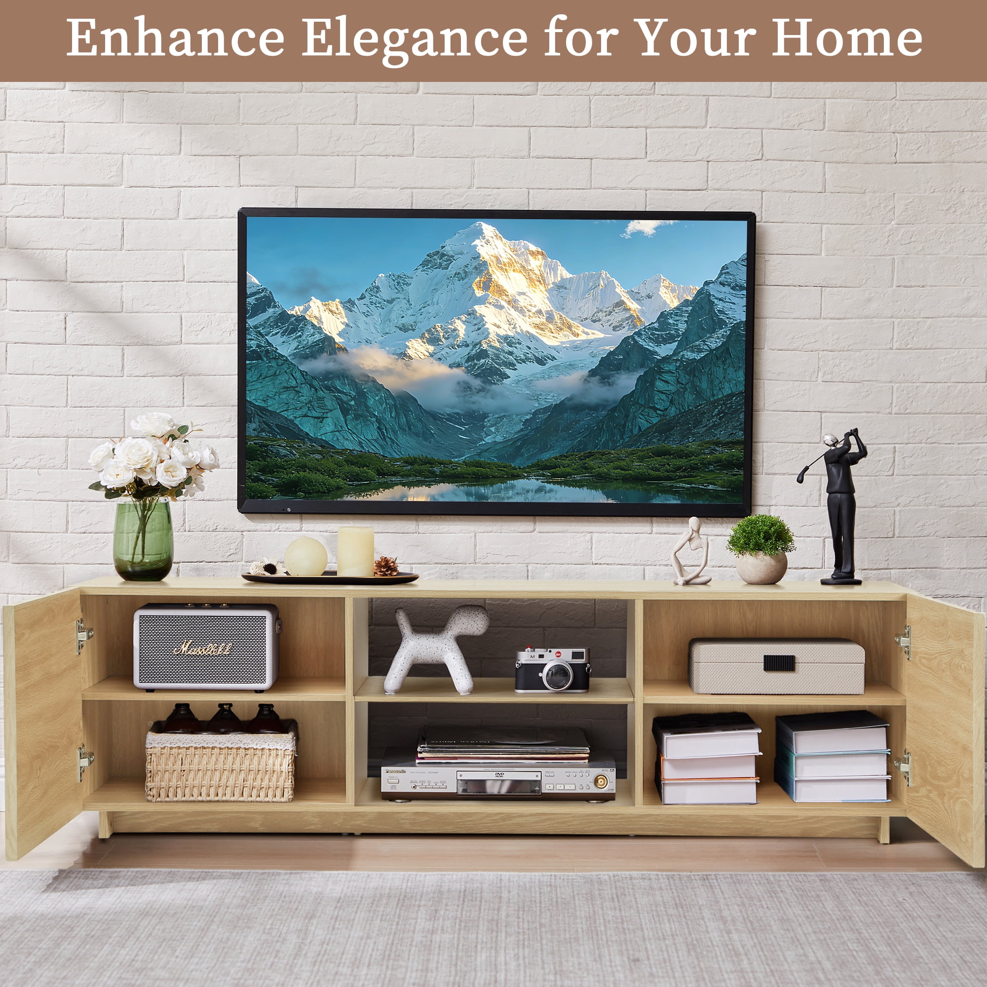 LEFHDA Fluted 61" TV Stand for TVs up to 75", Mid Century Modern Entertainment Center with 2 Doors & Adjustable Shelves, Wood Media Console Table for Living Room, Bedroom (Oak)