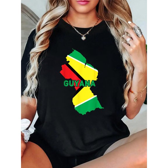 Proud Family and Patriotic Flag of Country Guyana T-Shirt casual short sleeve crew neck cotton tee tops for women
