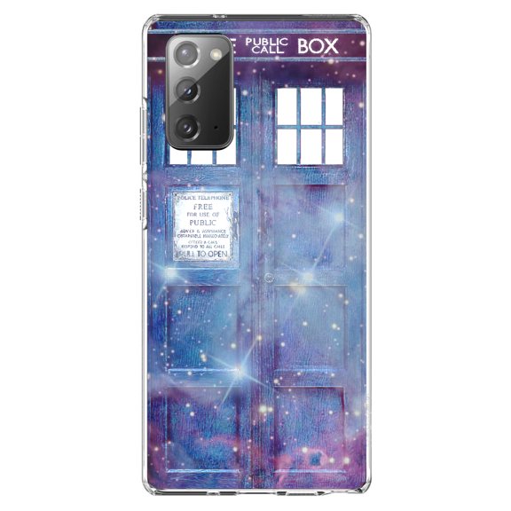 DistinctInk Clear Shockproof Hybrid Case for Samsung Galaxy Note 20 (6.7" Screen) - TPU Bumper, Acrylic Back, Tempered Glass Screen Protector - Fading TARDIS Outer Space Stars