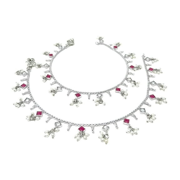 Duel On Jewel Silver-Tone Indian Anklet Pair, 10-Inch Chains with White Pearls & Red Glass Charms, Traditional Payal Jewelry for Women