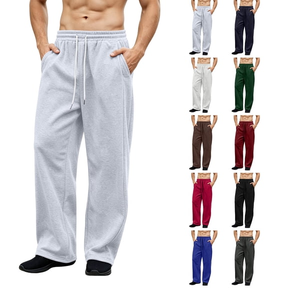 XRoczxe Men Solid Elastic Waist Drawstring Wide Leg Sweatpants Loose Straight Casual Fleece Trousers Relaxed Daily Jogging Pants Multiple Plain Solid Colors Gray