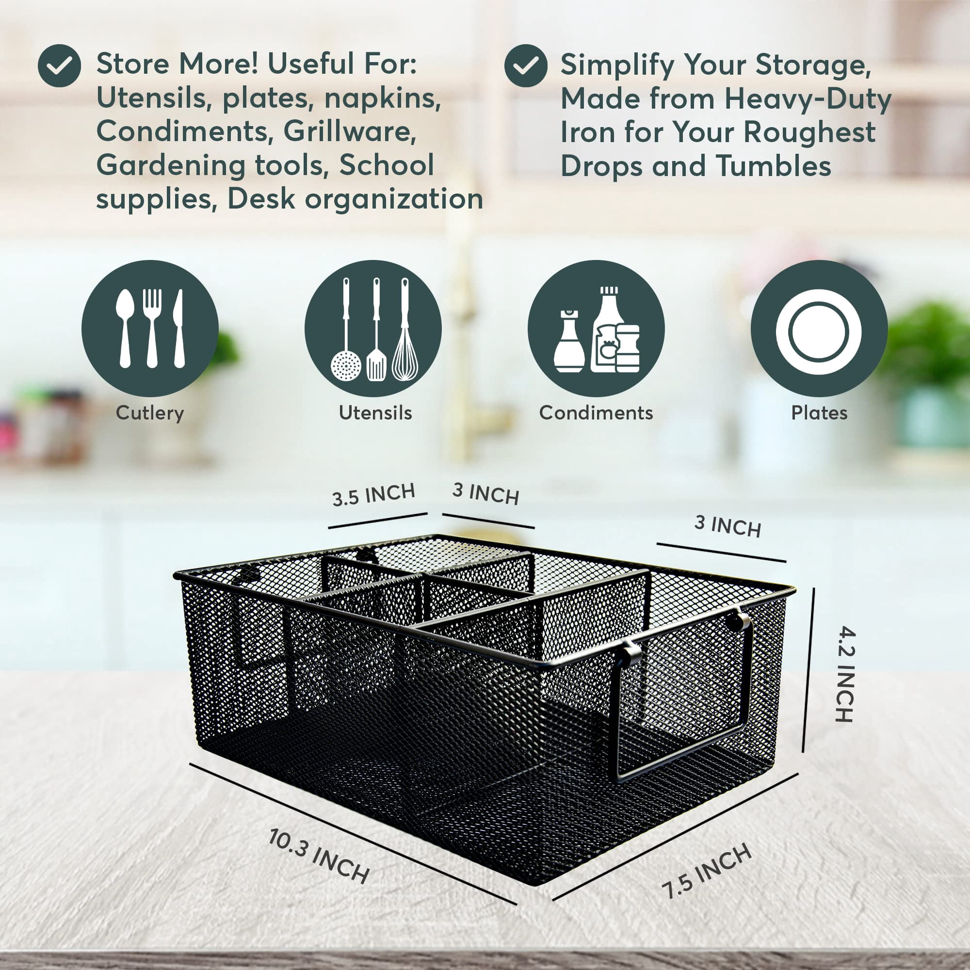 Maypes Kitchen Utensil Holder, 5-Compartment Silverware Organizer for Party Hosting, Black Flatware Caddy, 3.5 x 3.75 x 3.5 In