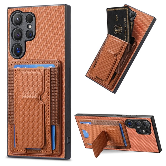 Compatible for Samsung Galaxy S23 Ultra Carbon Fiber Texture Wallet Case with Credit Card Slots, Shockproof Protection Business PU Leather Flip Kickstand Phone Cover for Galaxy S23 Ultra, Brown