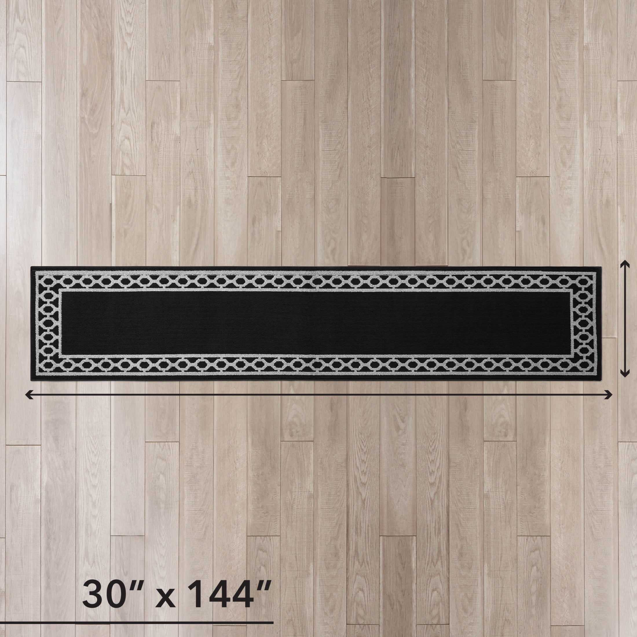 Washable Skid-Resistant Runner Rug, Trellis Border , Black and Twisted Grey , 30" x 144"
