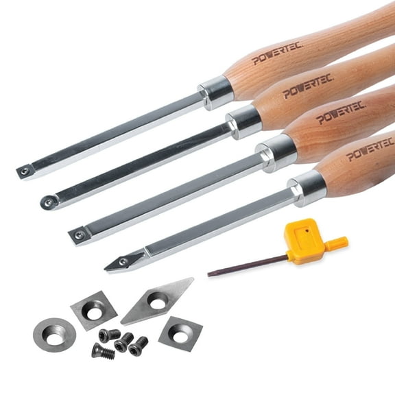 POWERTEC 4PC Carbide Lathe Tools with 8PC Tungsten Carbide Cutter Insert Set | Wood Lathe Tools with Flat Edge & Radius Squares, Round and Diamond, Lathe Tools with Replaceable Blade (71996)