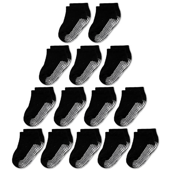 CozyWay Low-Cut Toddler Grip Socks - Non-Slip Traction Baby Socks with Grips - Soft Cotton Comfort Baby Essentials - 1T-3T, Black - Pack of 14