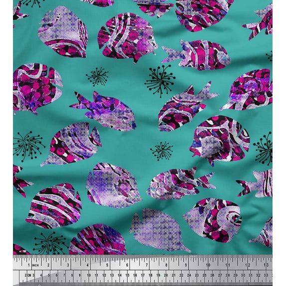 Soimoi Velvet Fabric Coral & Textured Fish Ocean Decor Fabric Printed Yard 58 Inch Wide