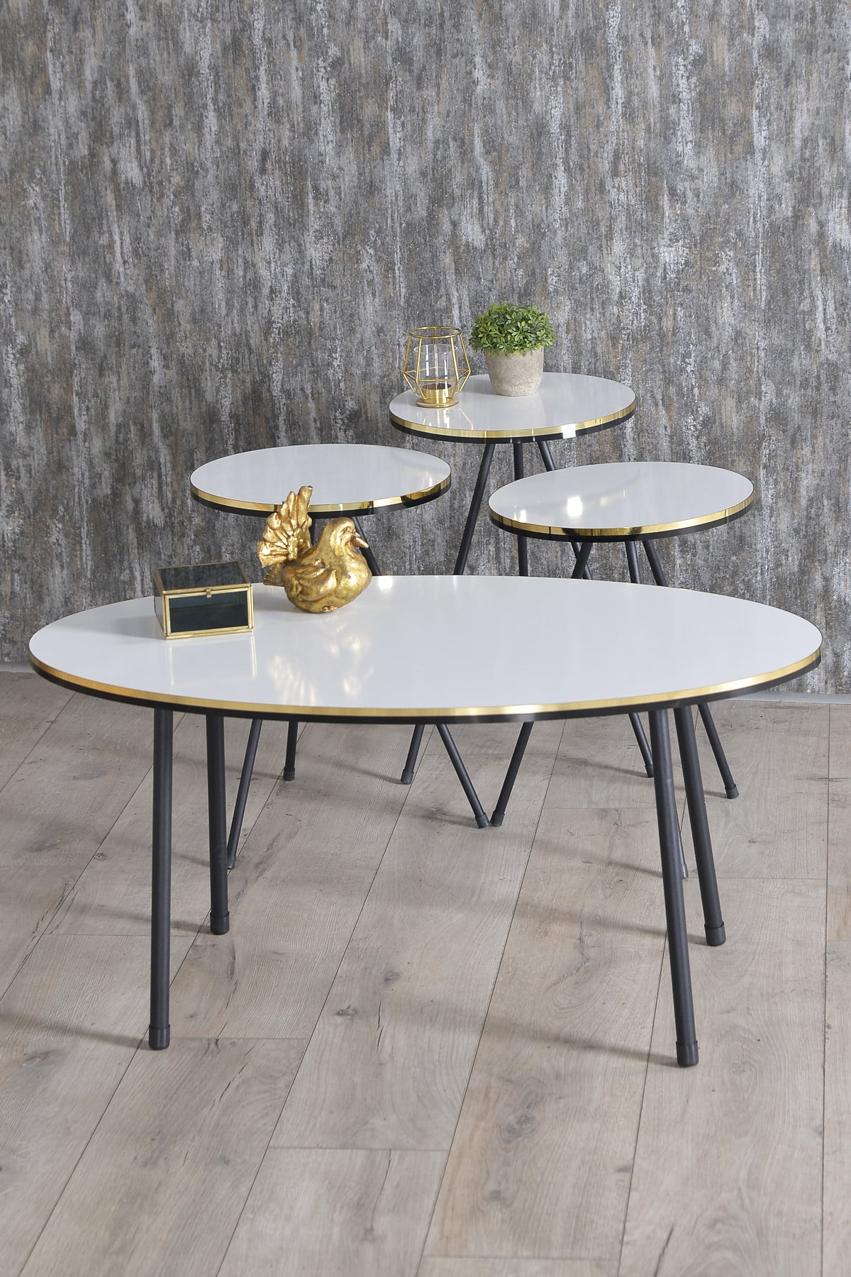 White Oval Coffee Table Set with 4 PCS,Set With 3 Modern Round Nesting