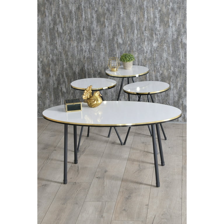 White Oval Coffee Table Set with 4 PCS Set With 3 Modern Round Nesting Tables And Coffee Table with Black Metal Legs Stacking Side Tables With