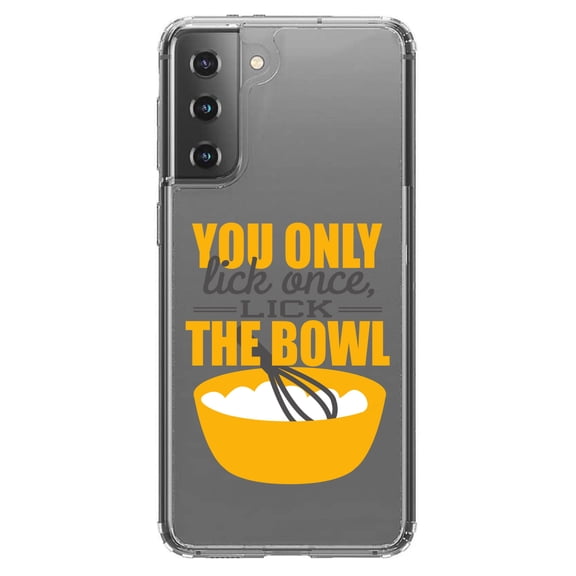 DistinctInk Clear Shockproof Hybrid Case for Galaxy S21  PLUS 5G (6.7" Screen) - TPU Bumper Acrylic Back Tempered Glass Screen Protector - You Only Lick Once - Lick the Bowl - Baking