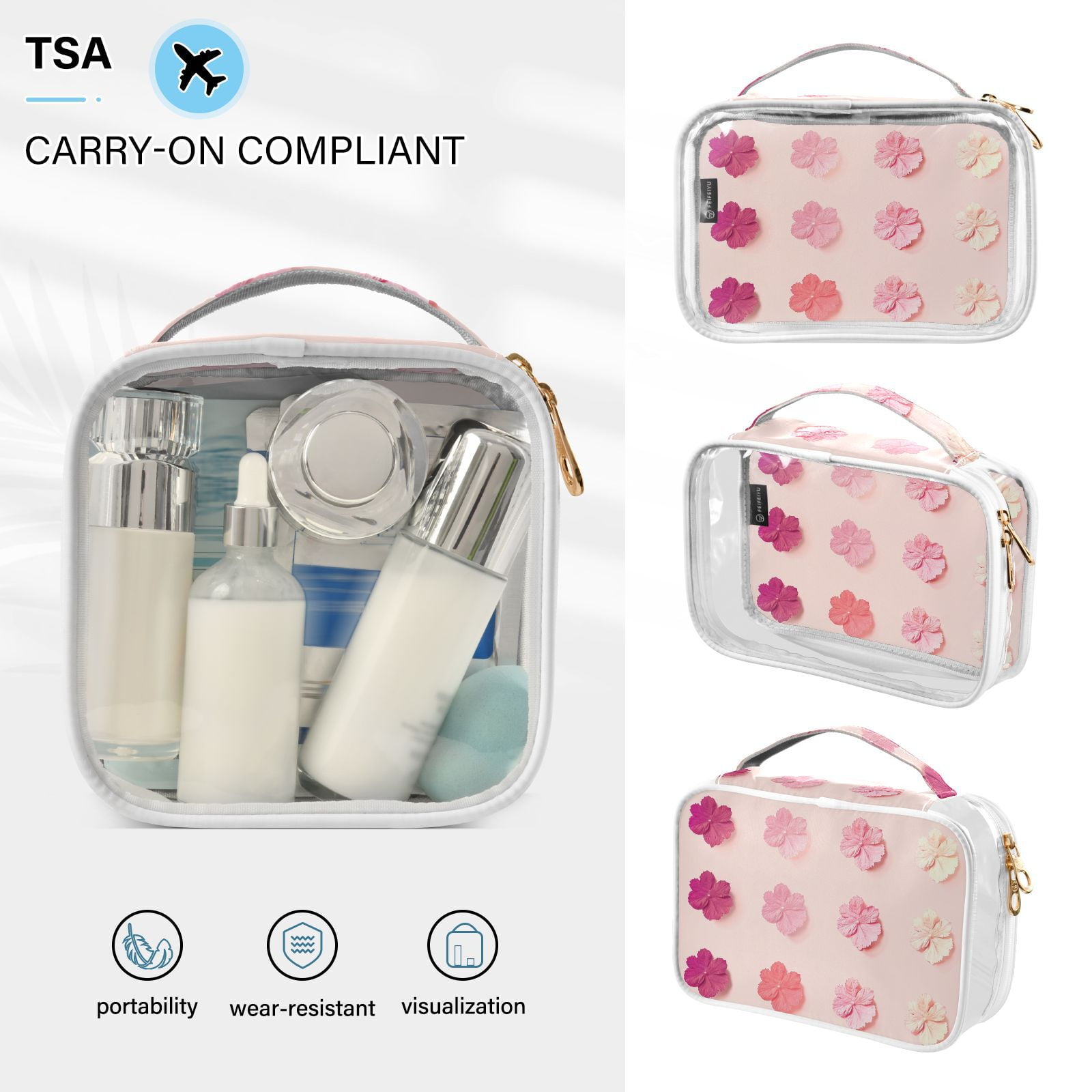 Clear Makeup Bags with Handle Large Opening 2 Pack Set Toiletry Bag Quart Size Bag, for Women Man Traveling Travel Essentials, Toiletries and Other. Pink Flowers Bloom