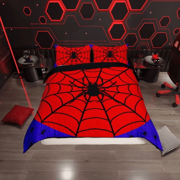 Erosebridal Halloween Spider Duvet Cover Twin, Red Blue Black Spider Web Bedding Sets Twin Size, Reversible 2pcs (No Comforter)